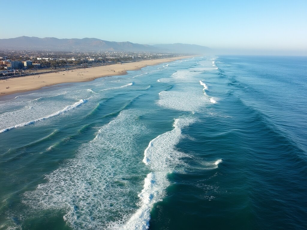 Aerial view of San Diego coastline with surfers and visible whale pods in the deep blue, mid-60s°F ocean waters against sandy beaches