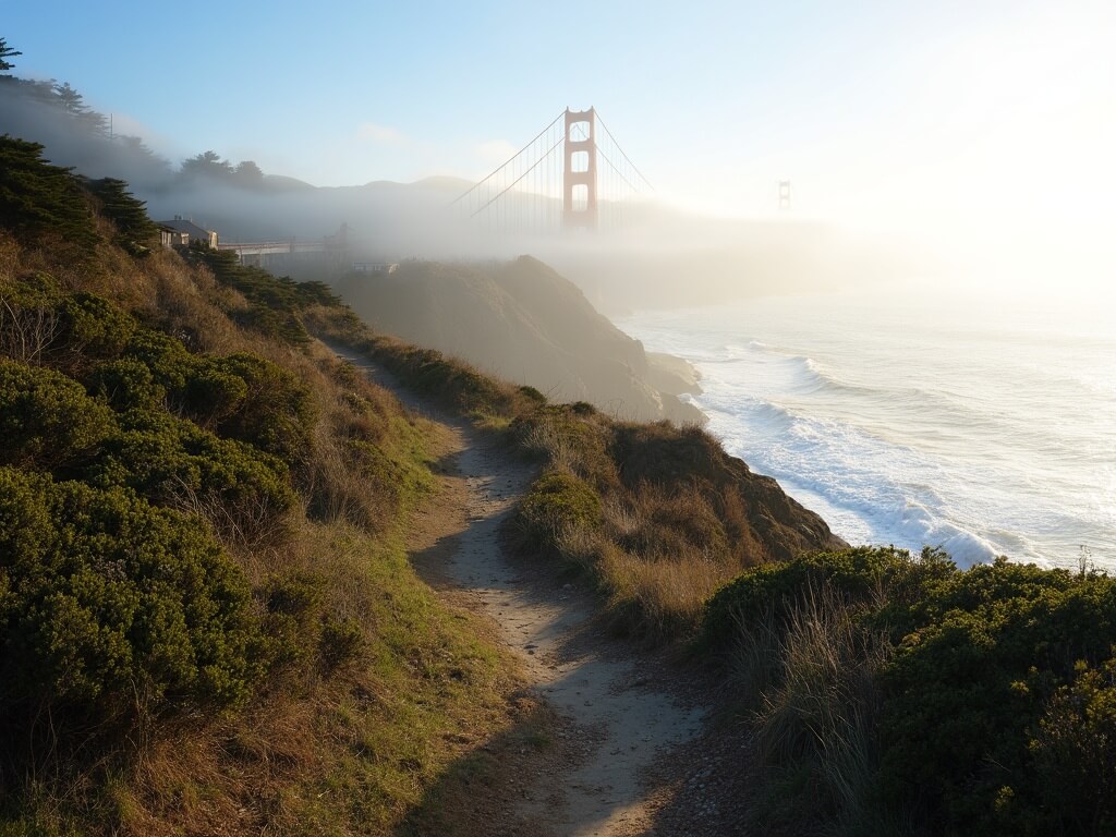 Early morning view of a scenic urban hiking trail along San Francisco coastline with distant Golden Gate Bridge outline barely visible through the fog