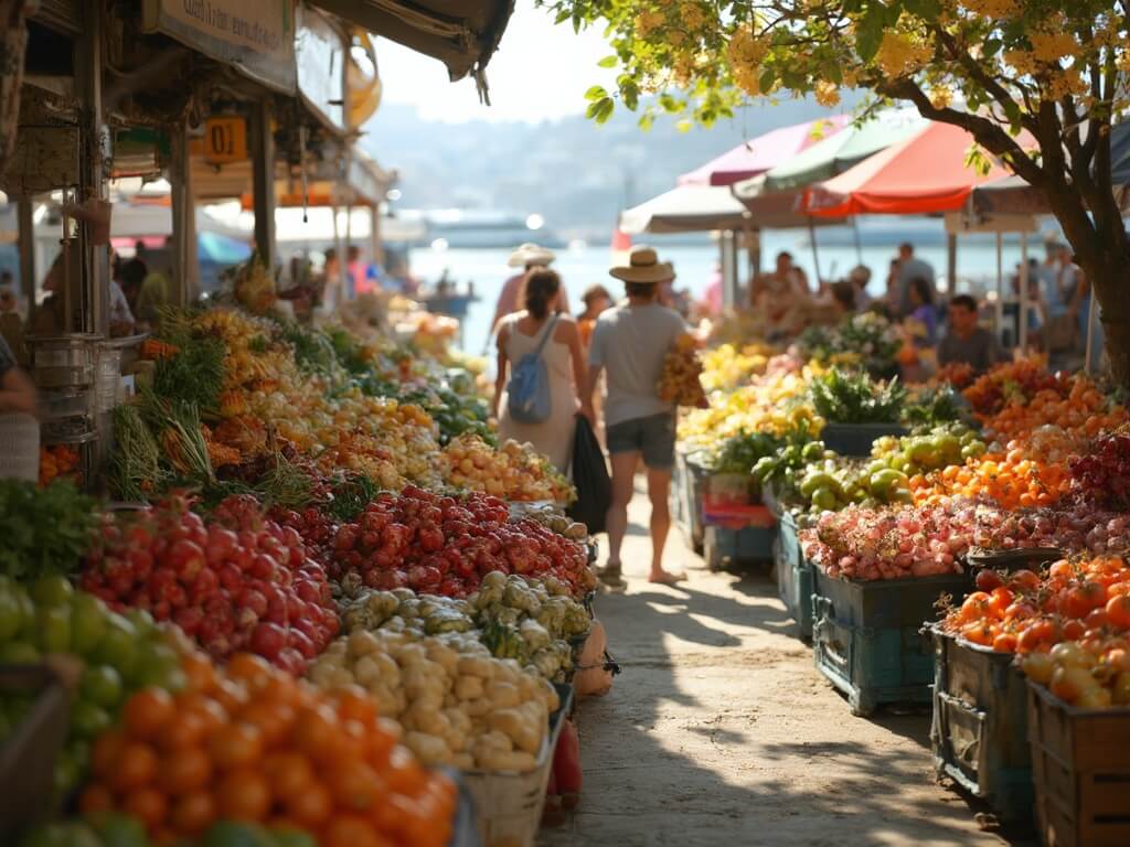 Bustling farmers market at Ferry Building in San Francisco, locals browsing vibrant fresh produce stalls, with waterfront in soft focus background