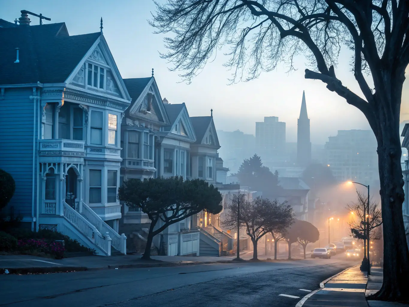 Misty San Francisco street during winter with Victorian houses surrounded by fog and morning light