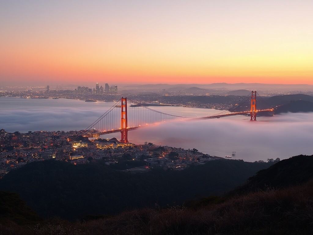 Panoramic view of San Francisco cityscape at golden hour from Marin Headlands, featuring fog-covered Golden Gate Bridge and dramatic lighting on urban and natural landscapes