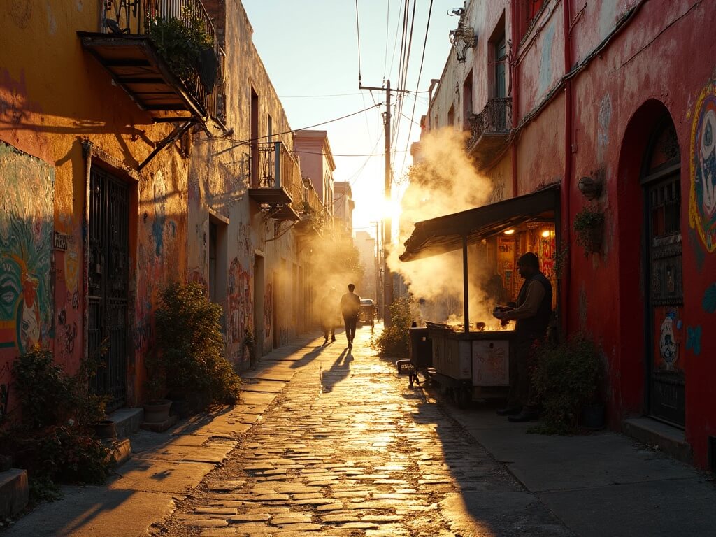 Colorful Mission District alleyway during golden hour with murals, mission-style buildings, and food vendors preparing street tacos