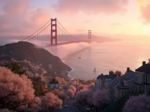 "Sunrise over San Francisco with Golden Gate Bridge in fog, Victorian houses, cherry blossoms, cable car on California Street, dynamic shadows over bay, sailboats on water, Alcatraz in distance, and spring greenery in Golden Gate Park"