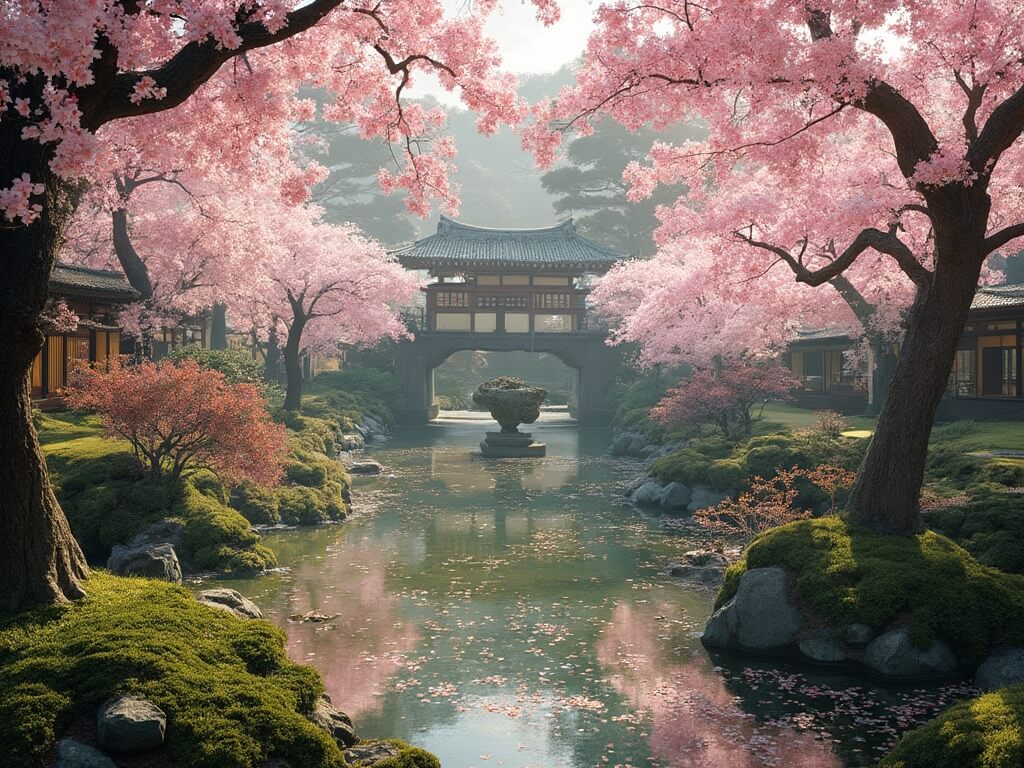 Cherry blossoms in bloom at Japanese Tea Garden in San Francisco with traditional architecture and water feature