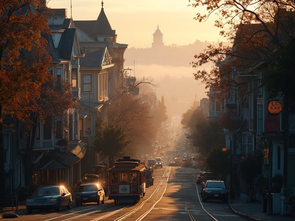 Twilight view of historic San Francisco street with cable cars, pastel Victorian houses, autumn trees in golden hour light, and Coit Tower in the foggy distance