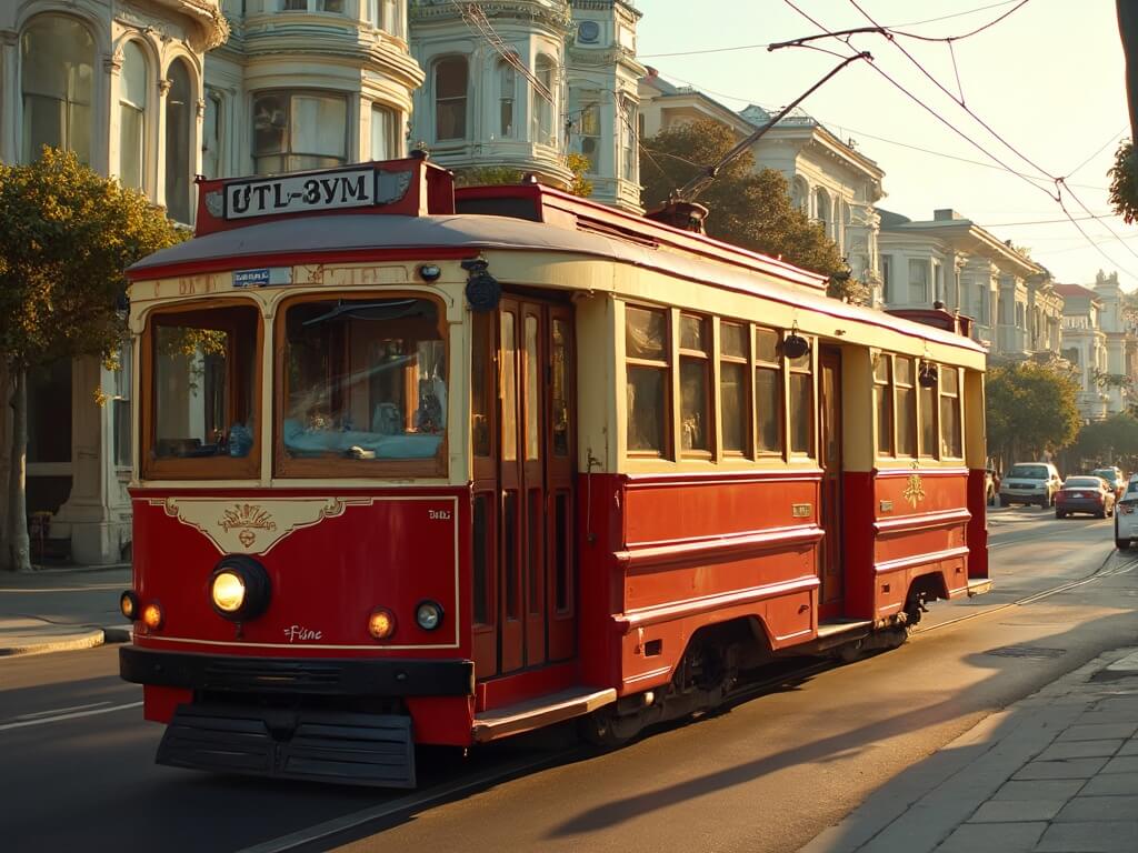 A vintage red and cream F-line streetcar in San Francisco journeying past Victorian houses, its brass and wood details gleaming in the golden hour light.