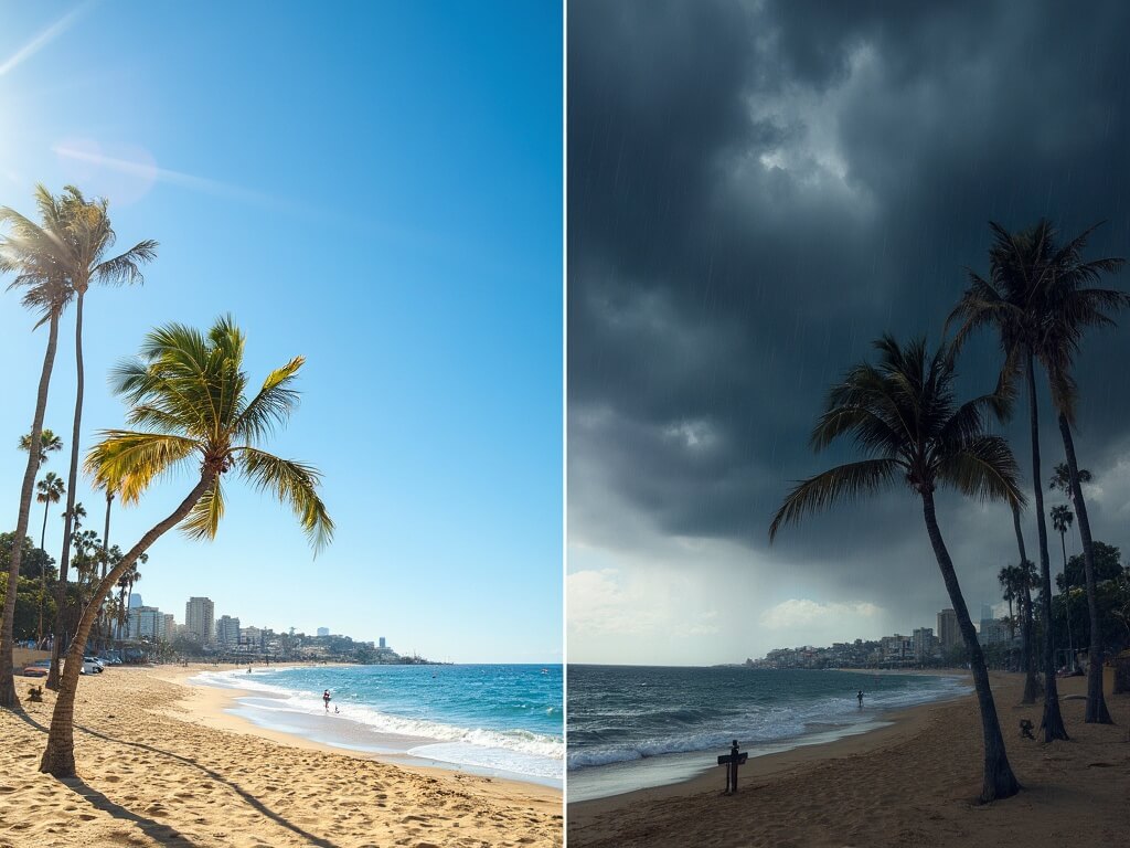 "Split-composition image illustrating contrasting March weather patterns in San Diego, with sunny La Jolla beach at 75°F on the left and stormy conditions at 59°F on the right, featuring iconic landmarks and a temperature gauge."