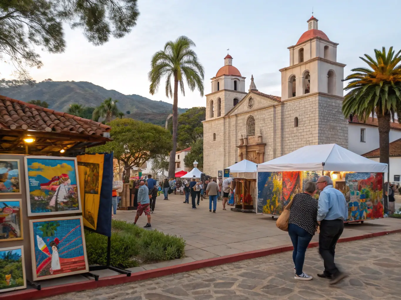 Local artists showcasing vivid paintings and sculptures at an outdoor art festival in Santa Barbara, with people engaging amid soft natural lighting and charming architecture.