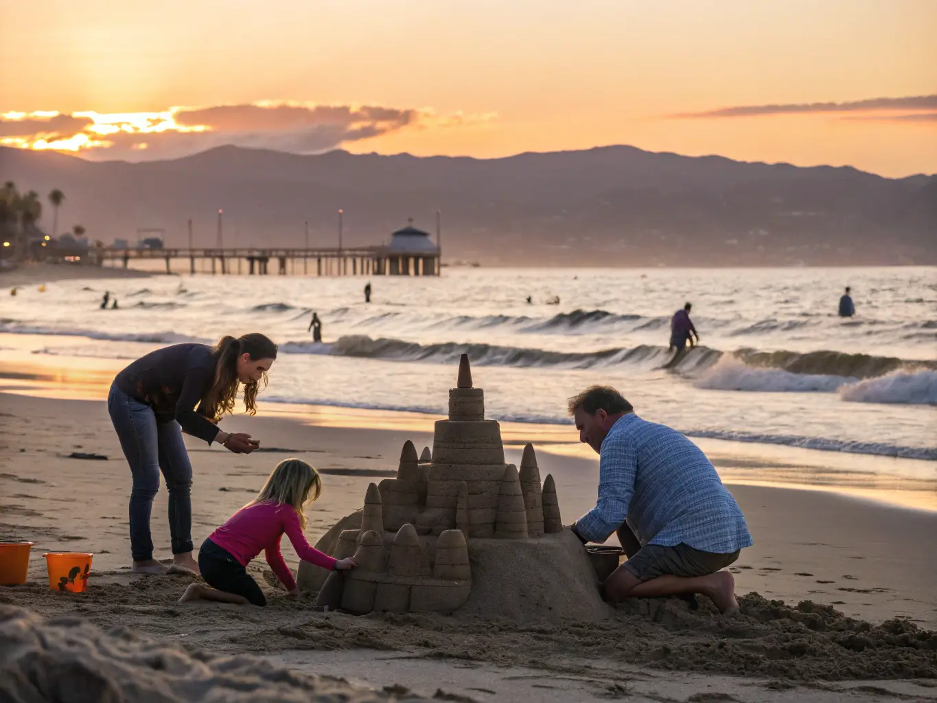 Family building a sandcastle on East Beach at sunset, with gentle waves and Santa Barbara Pier in the background