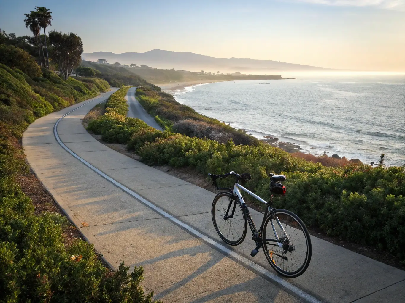 Modern bike on an empty, curving waterfront path in Santa Barbara with coastal vegetation and Pacific Ocean in background during early morning