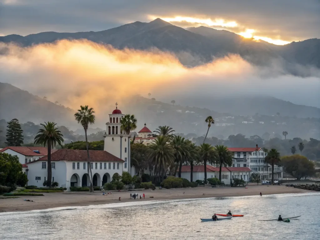 "Early morning view of Santa Barbara coastline with Old Mission, kayakers, palm trees, and foggy Spanish Colonial architecture under golden sunlight"