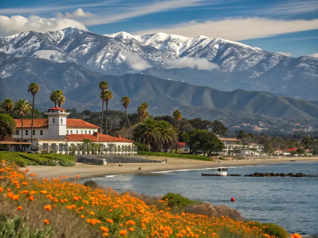 "Panoramic view of Santa Barbara coastline with red-tiled Spanish Colonial architecture, Santa Ynez Mountains, blooming poppies and lupines, palm trees on Stearns Wharf, breaching gray whale in Pacific Ocean and whale watching boat, Santa Barbara Mission and harbor in the golden afternoon sun."