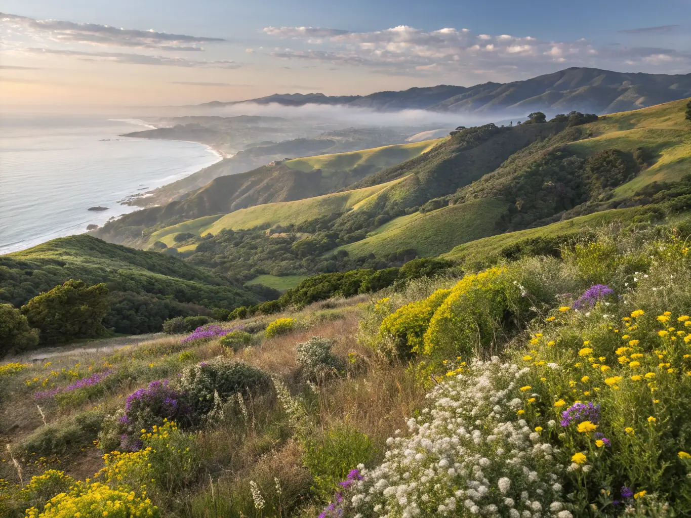 Panoramic view of Santa Barbara coastline featuring rolling hills, blooming wildflowers in vibrant yellows, purples and whites with misty Pacific Ocean in the background