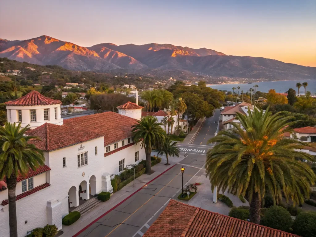 "Santa Barbara's Spanish Colonial Revival architecture at sunset in November, with white buildings, red-tiled roofs, golden-purple mountains, swaying palm trees on State Street, long shadows, and a sparkling Pacific Ocean in the distance."