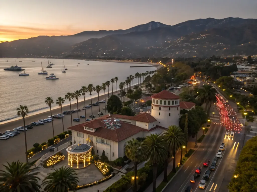 "Santa Barbara coastline at sunset in December featuring palm trees with holiday lights, festive boat parade in harbor, Spanish Colonial Revival architecture, Santa Ynez Mountains, Christmas decorations, beachgoers, and a breaching gray whale."