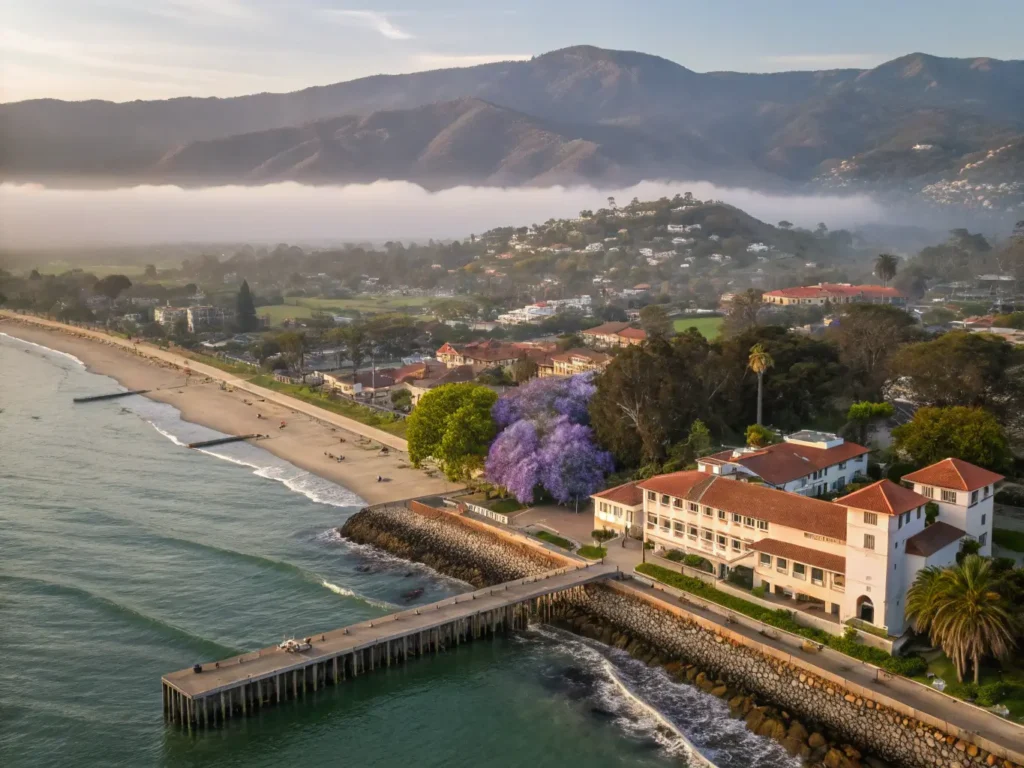 "Aerial view of Santa Barbara coastline with red-tiled Spanish Colonial architecture, Stearns Wharf, surfers in the ocean, jacaranda trees, palm trees, and the Santa Ynez Mountains in the backdrop during a misty June morning with sunlight piercing through."