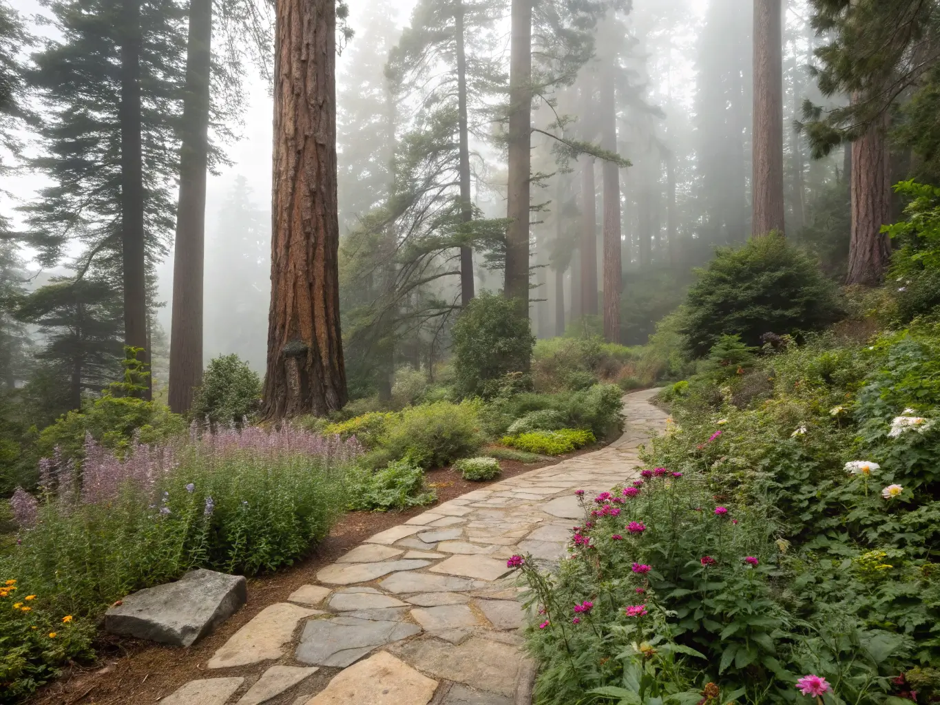 Foggy morning in Santa Barbara Botanic Garden's redwood section with wildflowers and stone pathway