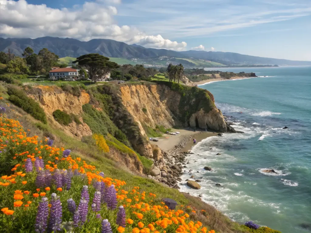 "Santa Barbara coastline in spring with blooming wildflowers, breaching whale, Spanish Colonial architecture, and Santa Ynez Mountains in the background"