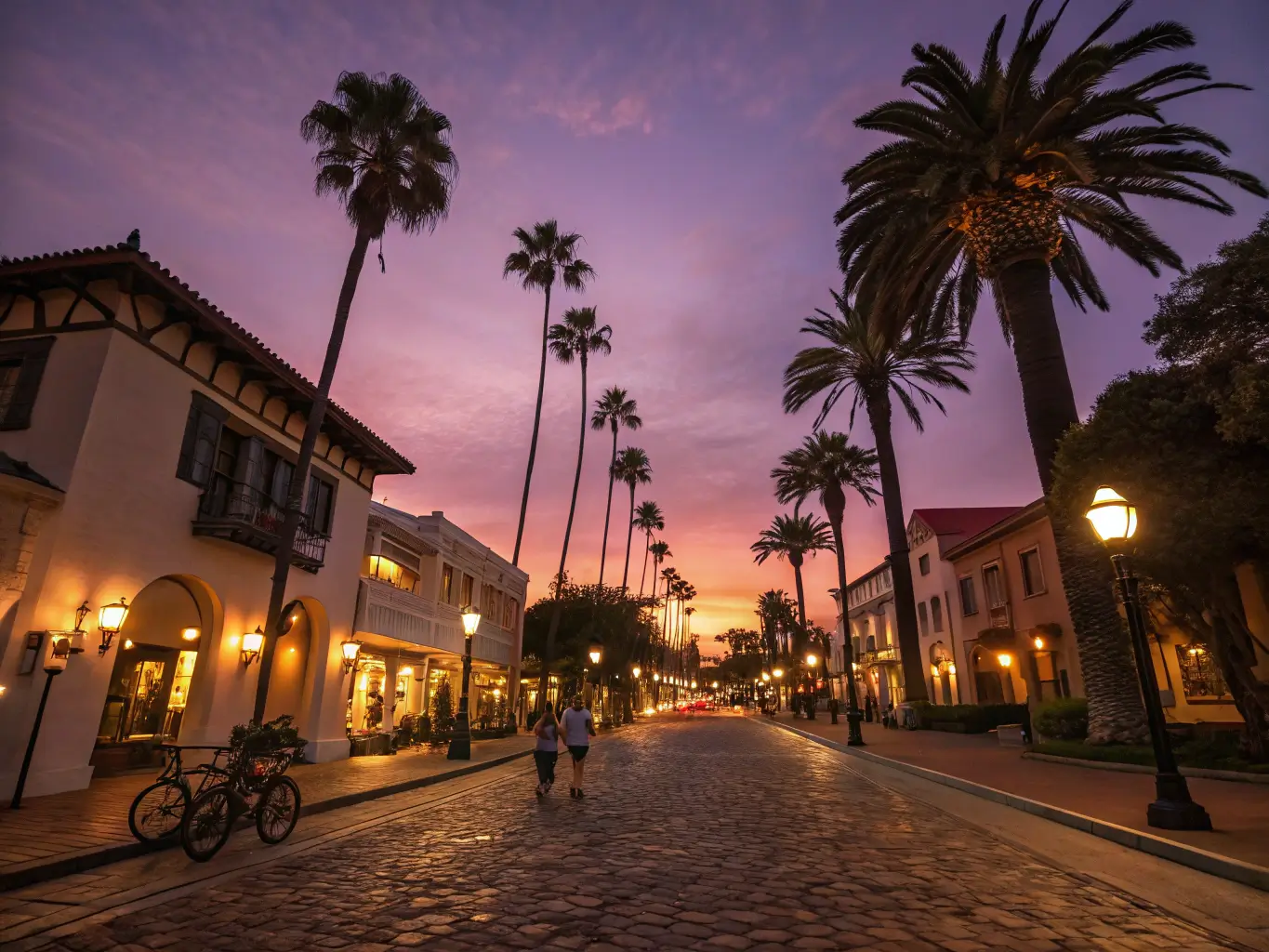 Dusk view of historic State Street in Santa Barbara with palm tree silhouettes, vintage streetlamps, cyclists on the promenade, and Spanish Revival architecture