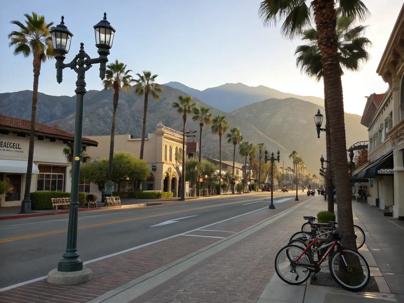 Quiet morning on State Street with palm trees, historic buildings, rental bikes against lamp posts and mountains in the background