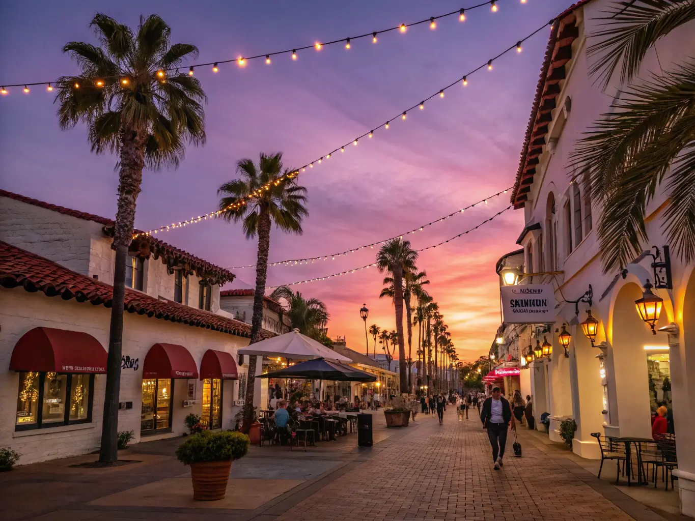 Sunset view of State Street Promenade with string lights, Spanish Colonial architecture, palm tree silhouettes, and people by boutique storefronts and outdoor dining areas