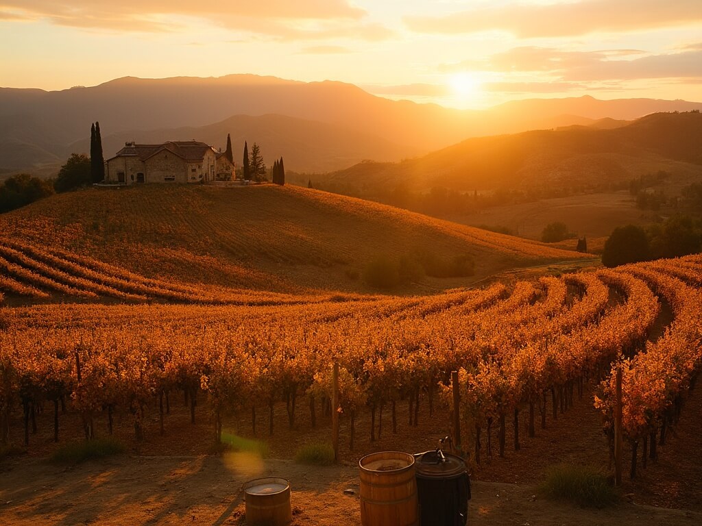 Sunset over Santa Barbara wine country with autumn-hued grapevines, historic stone winery, and scattered wine barrels and harvesting equipment