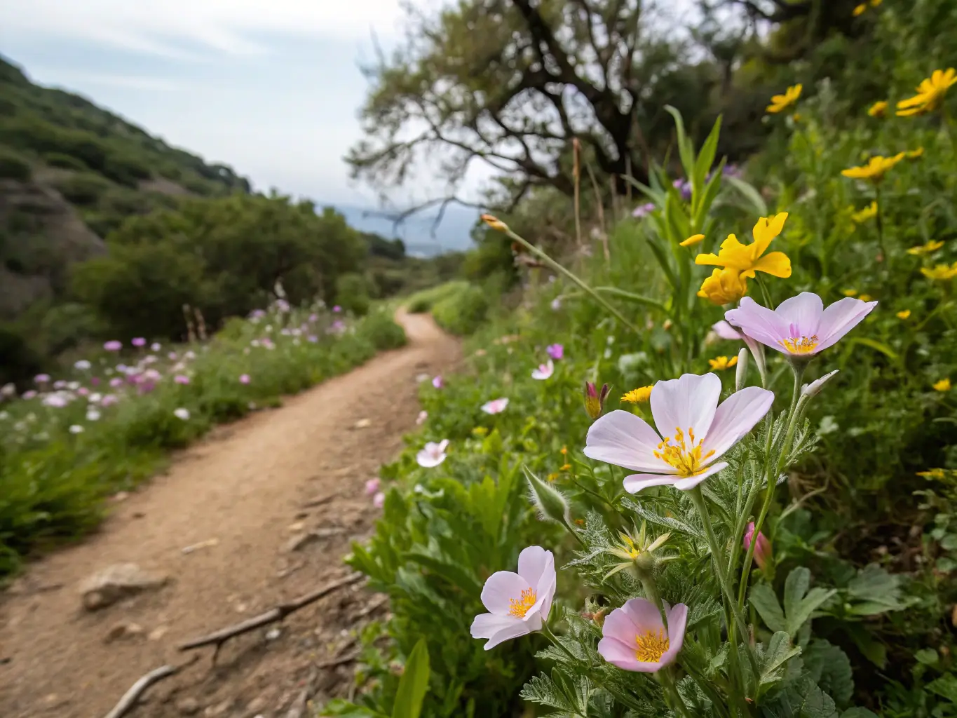 Close-up of vibrant spring wildflowers blooming on Santa Barbara Botanic Garden hiking trail, showcasing delicate petals and lush foliage under soft natural light