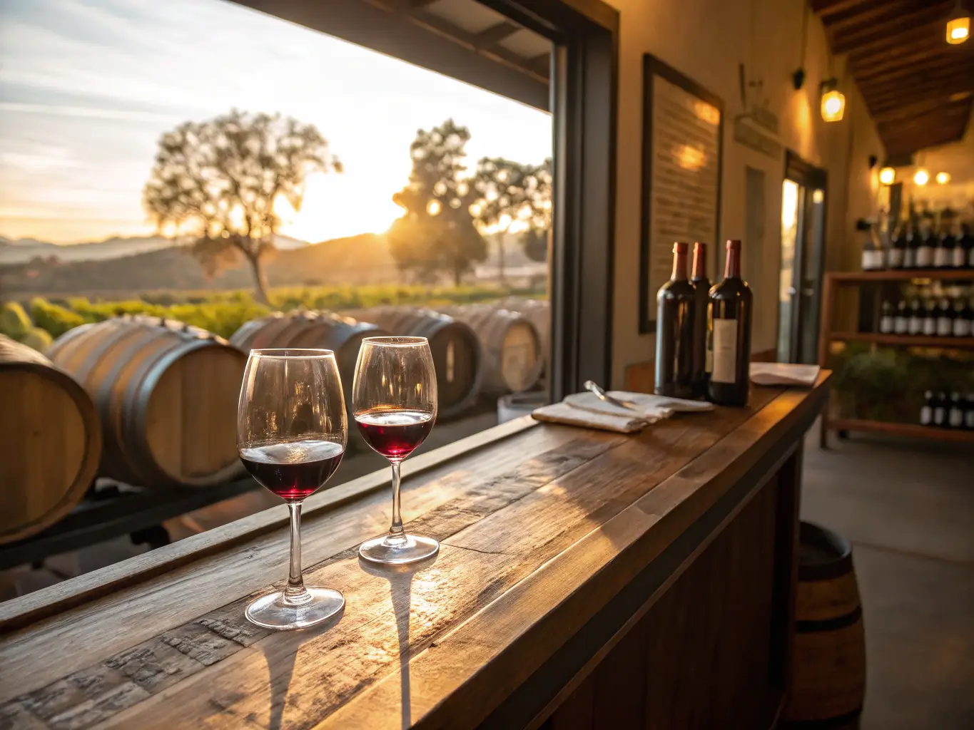 Warmly lit downtown Santa Barbara wine tasting scene with rustic wooden bar, elegant wine glasses, and soft focus vineyard colored background featuring wine barrels