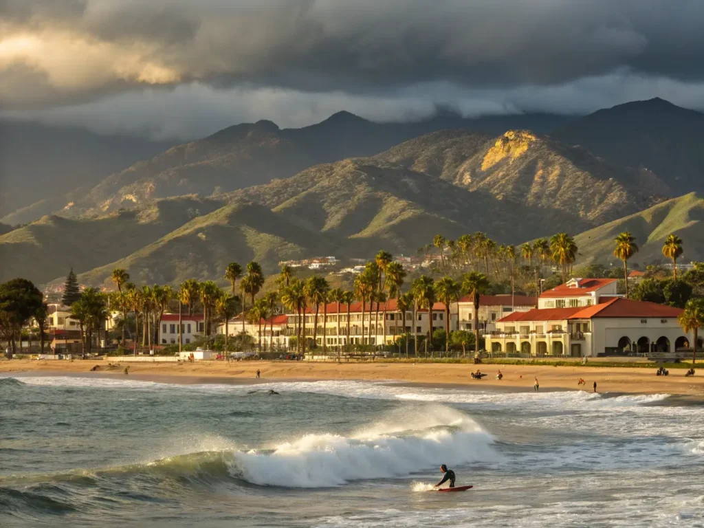 "Panoramic view of Santa Barbara's coastline with red-tiled Spanish Colonial architecture, emerald-green hills, storm clouds over the Santa Ynez Mountains, palm trees at Butterfly Beach, a surfer riding a wave and whales breaching in the distance, reflecting the Mediterranean winter atmosphere of Santa Barbara in January."