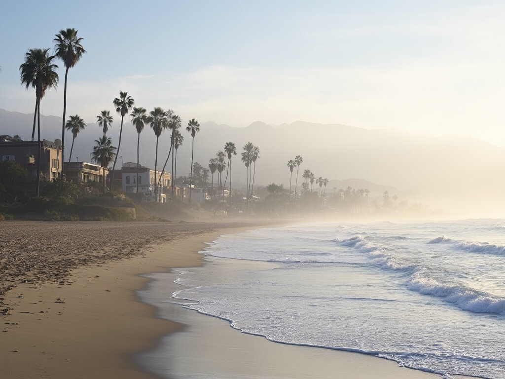 Winter morning view of Santa Barbara's tranquil beach, Spanish colonial architecture, palm trees, and Santa Ynez mountains illuminated by soft light