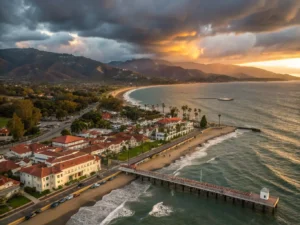 "Aerial view of Santa Barbara coastline at sunset with red-tiled roofs, Santa Ynez Mountains, storm clouds, Stearns Wharf, palm trees, and a distant gray whale in the Pacific Ocean"