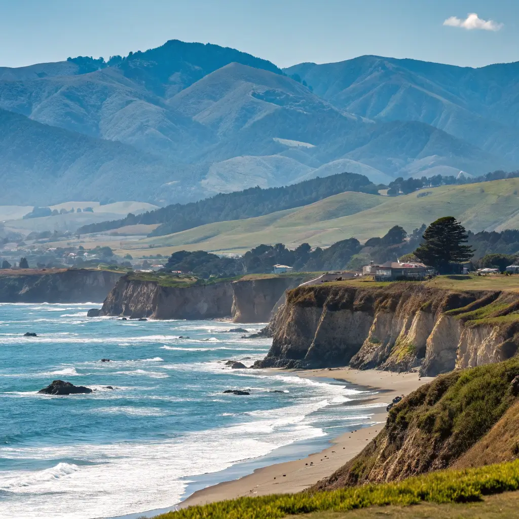 Scenic coastal view of Santa Cruz with dramatic cliffs, rolling hills, distant mountains, blue ocean waves, and a hint of sandy beach