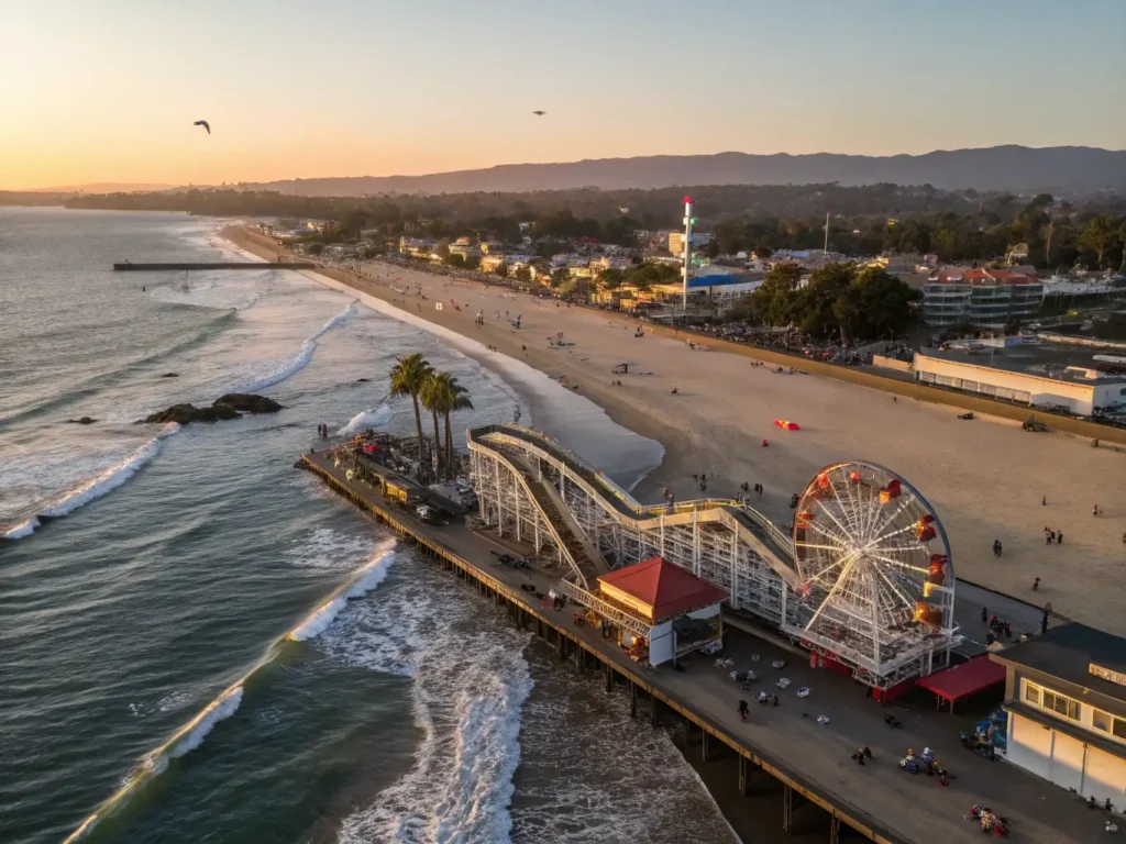 "Aerial view of Santa Cruz Beach Boardwalk at golden hour with Giant Dipper roller coaster, Dream Wheel Ferris wheel, beachgoers, surfers, volleyball players, and Santa Cruz Mountains in the background."