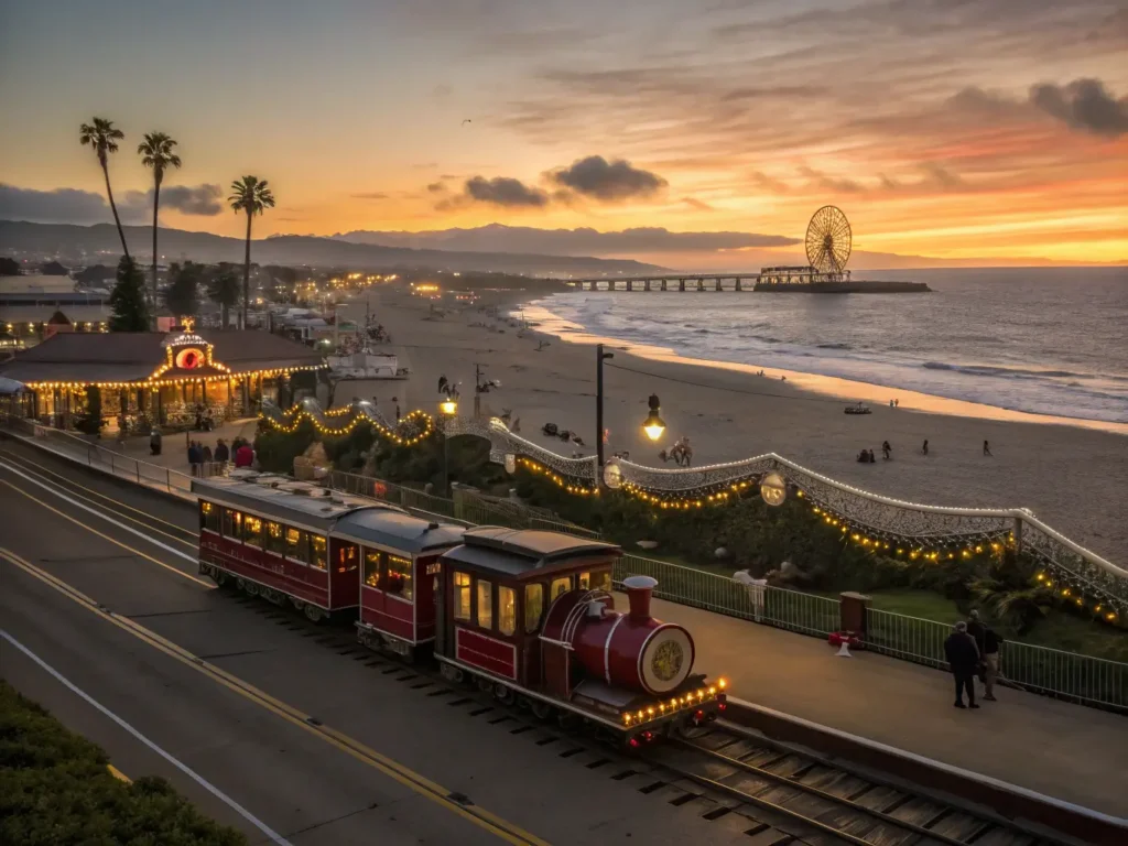 "Holiday lights train at Santa Cruz Beach Boardwalk at sunset with festive decorations, breaching whales, flying monarch butterflies, and surfers during winter."