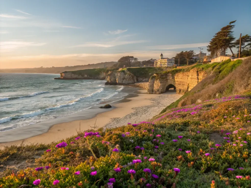 "Panoramic shot of springtime Santa Cruz coast at sunset with blooming wildflowers, Natural Bridges State Beach rock formation, breaching gray whales, redwood-covered hills, vibrant wildflowers along coastal cliffs, tide pools in clear blue-green waters, Santa Cruz Beach Boardwalk in the distance, under a sky streaked with wispy cirrus clouds."