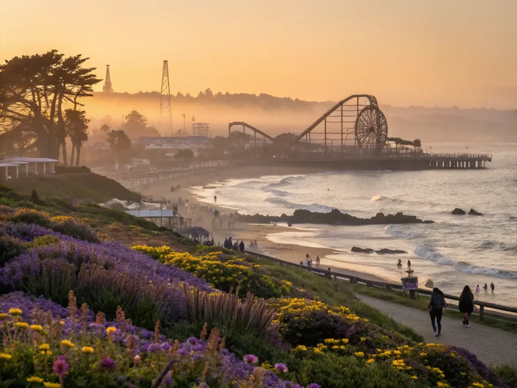"Panoramic view of Santa Cruz Beach Boardwalk at sunset with Giant Dipper roller coaster silhouette, purple and yellow wildflowers, gray whales in the ocean, harbor seals on rocks, people walking on the beach, and blooming trees."