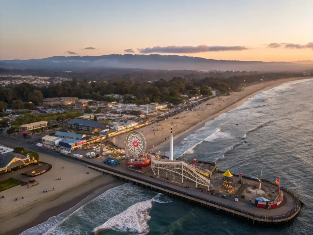 "Aerial view of Santa Cruz coast during sunset featuring the illuminated Giant Dipper roller coaster, begonia floats on Soquel Creek, Mexican dancers at Mole Festival, surfers in the Pacific Ocean, and people on West Cliff Drive pathway with fog bank rolling in the horizon."