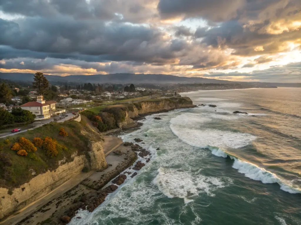 "Aerial view of Santa Cruz coastline at sunset with migrating gray whales, surfing residents, monarch butterflies at Natural Bridges State Beach, and Santa Cruz Beach Boardwalk in the background"