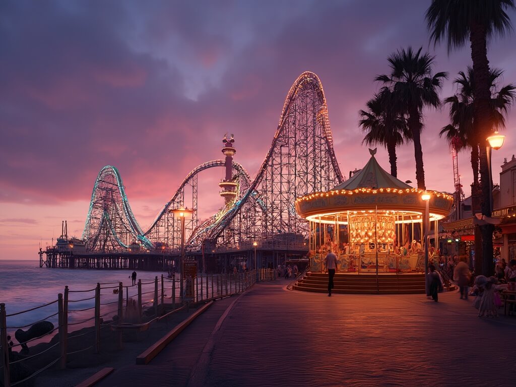 Twilight scene of Santa Cruz Boardwalk with illuminated Giant Dipper roller coaster, carousel reflections on ocean, palm trees and glowing street lamps