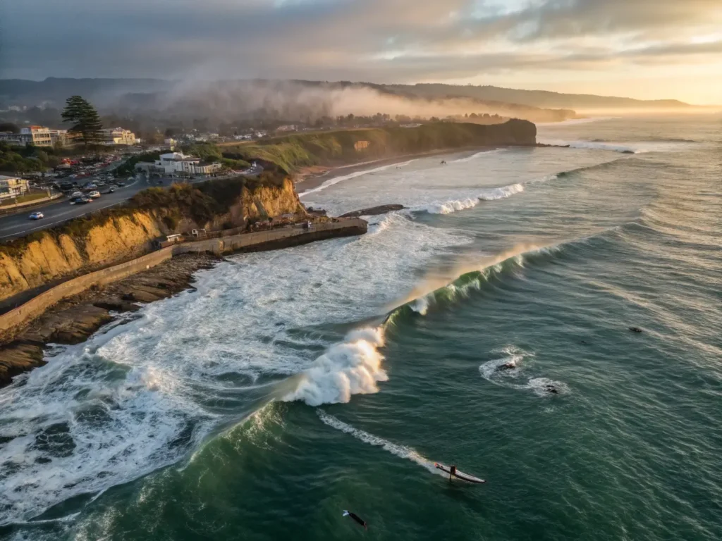 "Dramatic aerial view of Santa Cruz coastline in winter featuring powerful waves, gray whales, a surfer, the Beach Boardwalk, monarch butterflies and elephant seals, framed by towering redwoods under a misty golden light"