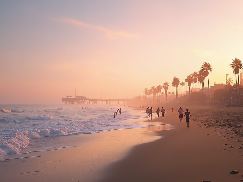 Santa Monica beach at sunrise with palm tree silhouettes, early morning beachgoers, and distant pier under colorful skies