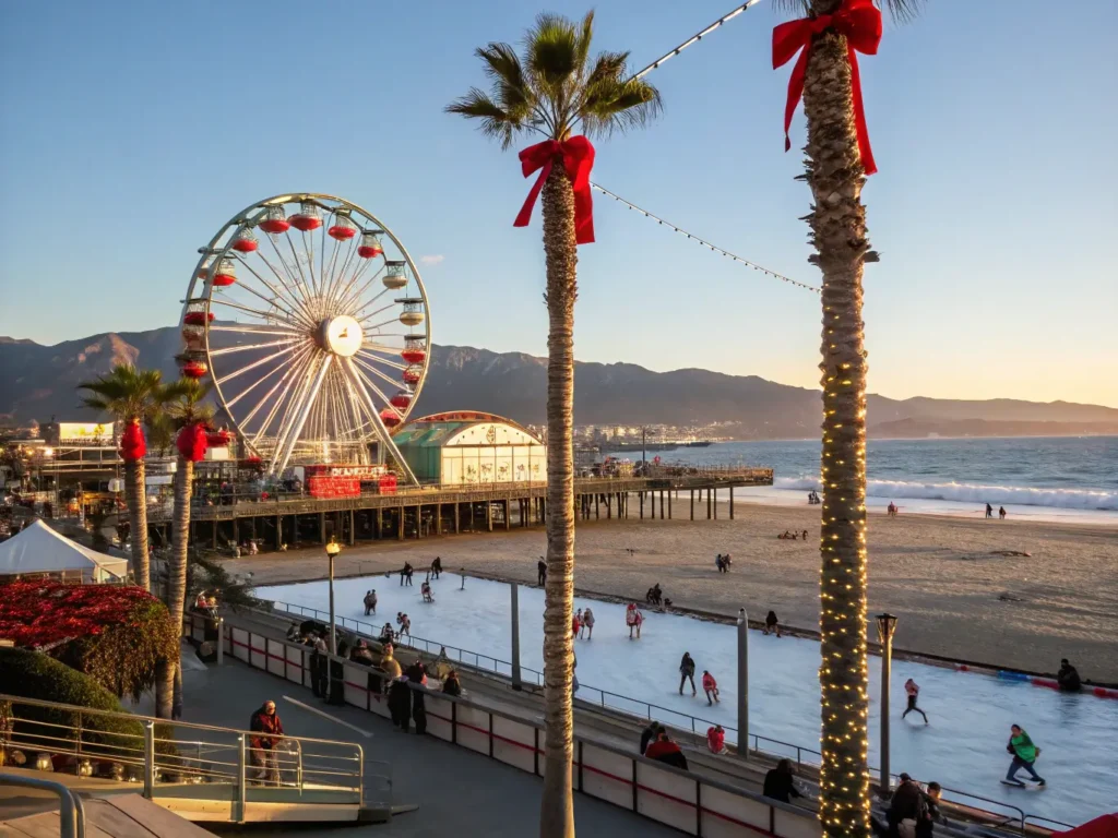 "Santa Monica Pier decorated for Christmas with a lit Ferris wheel, beachfront ice skating rink, and palm trees adorned in holiday lights, with the Pacific Ocean and mountains in the background"