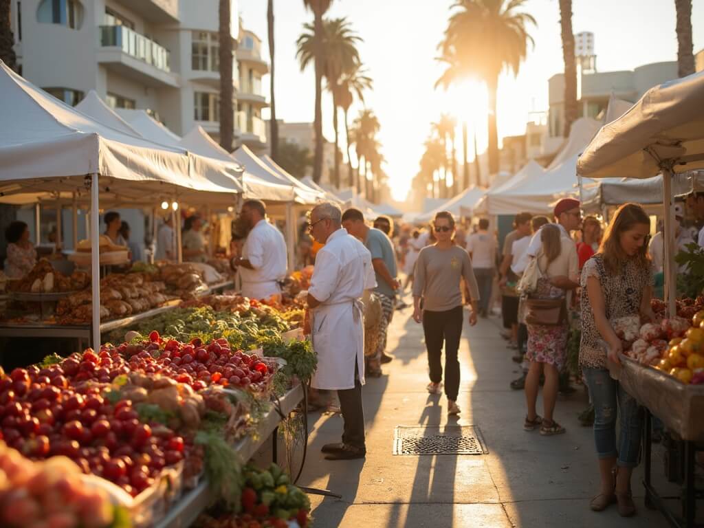 Sunrise over Santa Monica farmers market with vendors, chefs, fresh produce, artisanal breads, strawberries and background of palm trees and art deco buildings.