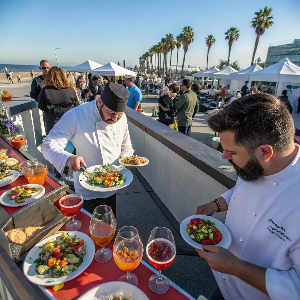 Overhead view of a bustling food festival in Santa Monica with local chefs presenting colorful dishes, glinting wine glasses, people sampling craft beers, and diverse culinary offerings, with the coastal environment subtly visible in the background.