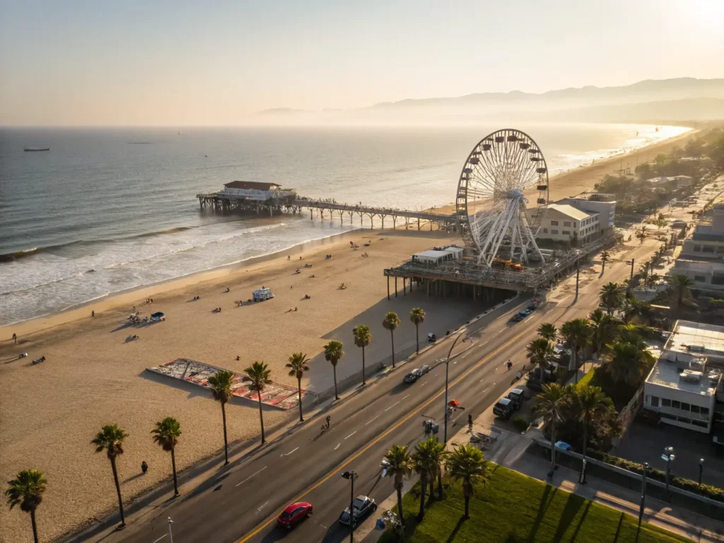"Aerial view of Santa Monica Pier with Pacific Park Ferris wheel, palm trees, beach activities, Third Street Promenade, and coastal bike path in a sunny, spring afternoon."
