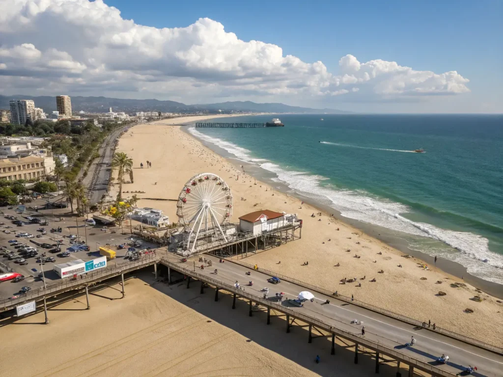 "Aerial view of Santa Monica Pier and beach with Pacific Park Ferris wheel, palm trees, beachgoers, turquoise ocean waves and the Third Street Promenade on a sunny April day"