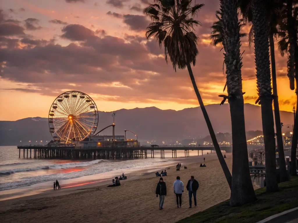"Santa Monica Pier at sunset with illuminated Ferris wheel, peaceful beach, swaying palm trees and distant mountains under a warm orange and purple sky"
