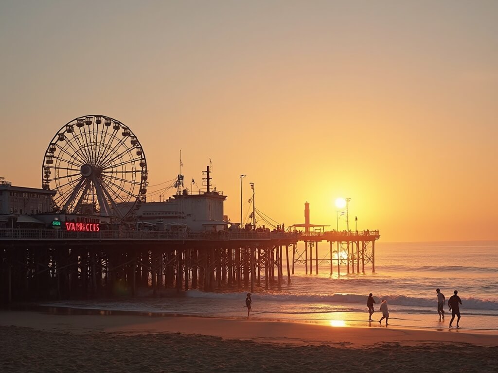 Serene sunset over Santa Monica Pier in January with soft golden lighting on Ferris wheel, calm ocean reflecting warm colors, and people strolling on the beach