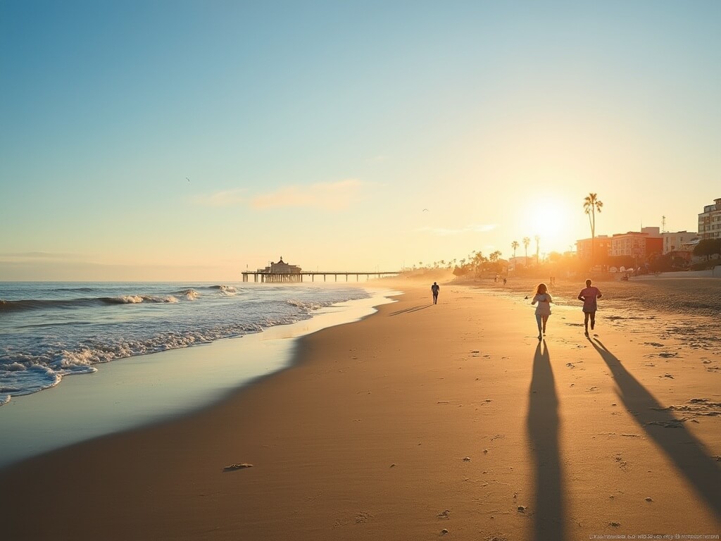 Early morning at Santa Monica Beach with golden sunlight, long shadows, gentle waves, distant pier, clearing marine layer, blue skies, joggers and seabirds.