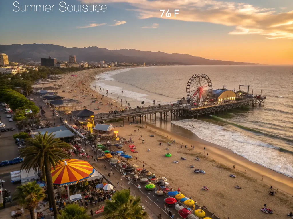 "Aerial view of Santa Monica Beach during sunset with colorful umbrellas, surfers, street performers on the pier, Pacific Park Ferris wheel, and Santa Monica Mountains in the background."
